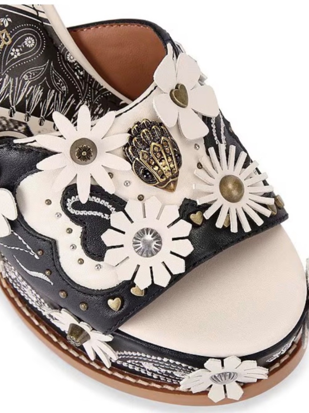 New Kurt Geiger Flower Western Studded Ornament Block Heel Platform Sandals - Picture 3 of 5